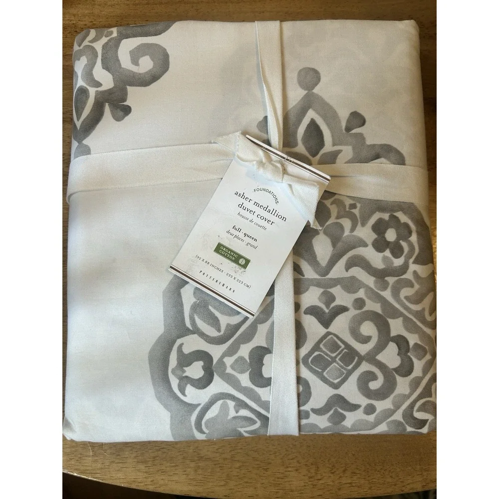 Pottery Barn Asher Medallion Organic Cotton Duvet Cover bed Gray Full Queen